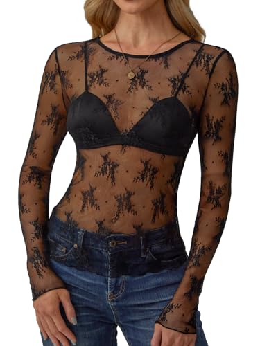 GKBK Womens Mesh Long Sleeve Tops Crew Neck Sexy See Through Tee Shirts Party Club Night Lace Blouse