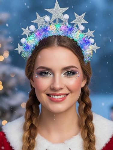 Yokawe Light Up LED Star Headband Silver Crown with Iridescent Tinsel,White Pom Pom, New Year, Christmas Party Costume Acc...