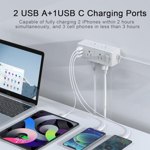 20Ft Extension Cord Flat Plug Power Strip - Tcstei 3-Side Outlet Extender with 6 AC Outlets and 3 USB Ports (1 USB C), Com...