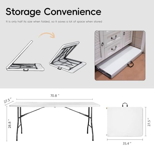 pollilar Folding Table 6FT Plastic 6 Foot Foldable Table HDPE Portable Banquet Surface Fold-in-Half Desk Utility for Worki...