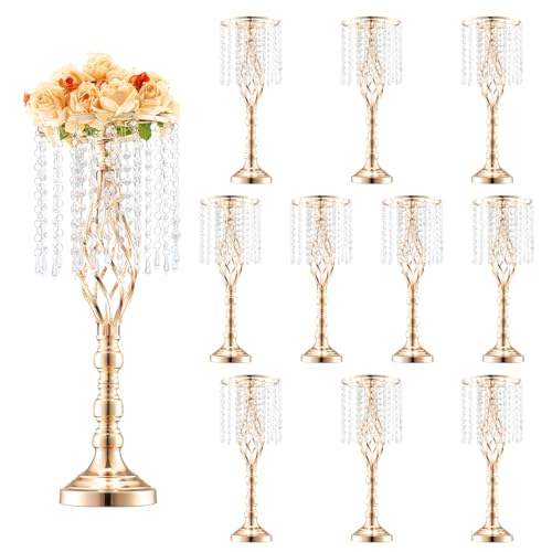 VEVOR 10PCS 55cm/21.65” Tall Crystal Wedding Flower Stand, Metal Wedding Centerpiece Vase, Gold Flower Holders Floral Disp...