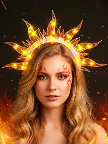 JEAIRTS Light Up Fire Headband Glow Flame Crown Headpiece Led Sun Goddess Hair Accessories for Women