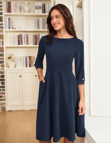 GRACE KARIN Work Dresses for Women 2025 3/4 Sleeve Fit and Flare Business Midi Dress Classy Office Dresses with Pockets