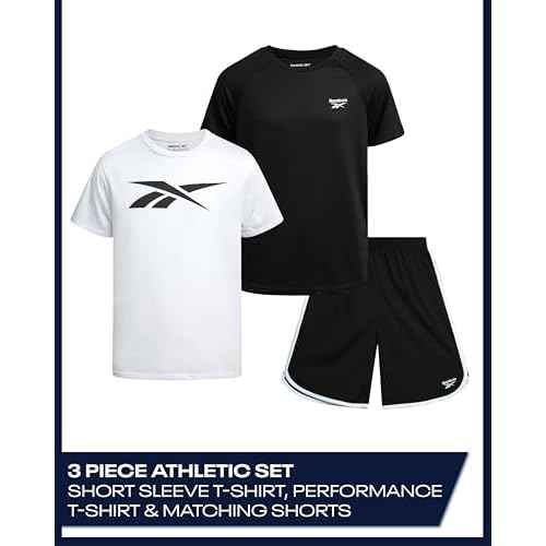 Reebok Boys Athletic Shorts Set - 3 Piece Summer Clothes Outfit with Graphic Tees and Boys Running Shorts for Active Kids