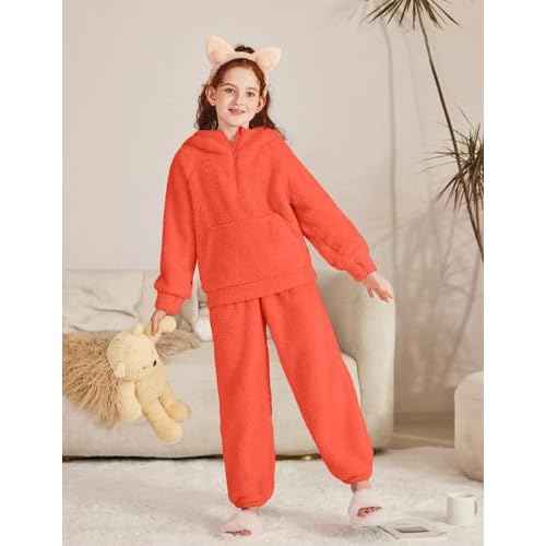 Arshiner Girls 2 Piece Outfits Drop Shoulder Hoodie Half Zip Fluffy Sweatshirt and Fleece Pants Sweatsuit