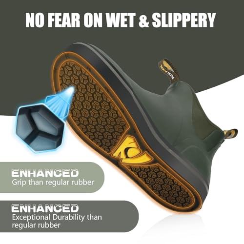 Kalkal Men's Deck Boots Anti-Slip Saltwater Fishing Rain Boots with Memory Foam, Waterproof Rubber Ankle Work Boots for Sa...