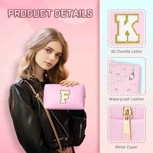 TOPEAST Initial Makeup Bag, Birthday Gifts for 4 5 6 7 8 9 10 11 12 Year Old Teen Girls, Personalized Preppy Cosmetic Bag | Leather Toiletry Bag (Pink A)