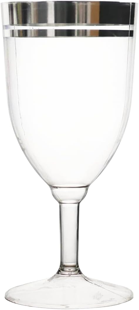 Party Essentials Disposable All-Purpose One-Piece 8 oz Plastic Wine Glasses Cups with Stem, 8-Count, Clear with Silver Rim