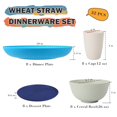 Perlapoc Wheat Straw Dinnerware Sets of 32, Unbreakable Plates and Bowls Sets Service for 8, Dinner Plate/Dessert Plate/Bo...