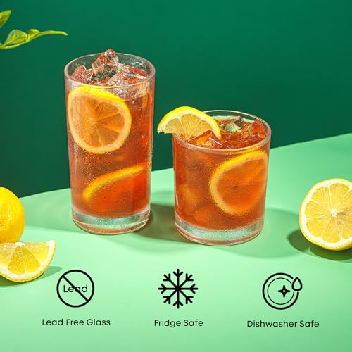 JoyJolt Alain Drinking Glasses Set of 8 Glass Tumblers. Highball 14oz Bar Glasses and Lowball 10oz Rocks Glasses Set. Cock...
