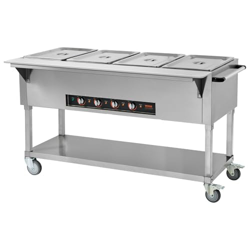 VEVOR Commercial Food Warmer, 2000W Electric Steam Table with 4 x 20.6QT Pans, Versatile Food-Grade Stainless Steel Server with Countertop & Shelf, Movable Buffet Catering Warmer for Party Restaurant