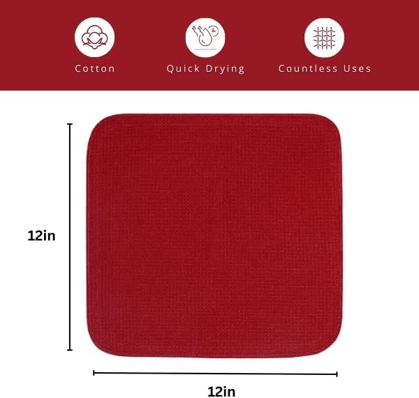 PurpleEssences Dish Cloths and Dish Rags - 8 Pack Waffle Weave Solid Kitchen Dish Wash Cloths, 100% Cotton, 12 x 12 Inches, Ultra Soft Absorbent Quick Drying - Christmas Holiday Winter - Red
