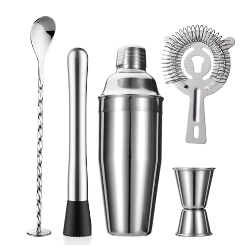 ZPUFAW 5-Piece Cocktail Shaker Set Shaker Strainer Jigger T-Mixing Spoon Muddler Bartender Kit Stainless Steel Bar Set Hou...