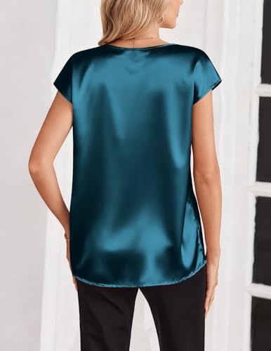 Zeagoo Women Silk Satin Tops Cap Short Sleeve Blouse V Neck Shirts Business Casual Outfits S-2XL