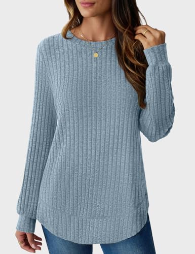 JUSTFASHIONNOW Womens Long Sleeve Shirts Trendy Sweaters Lightweight 2025 Casual Crewneck Fall Tunic Tops Loose Fit Dressy