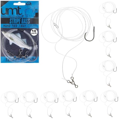 Striped Bass 3-Way Rigs 1,5 & 10-Pack 8/0 Circle Hooks Uncle Mo's Tackle Saltwater Fishing Gear - Robust 60lb Swivel, 4ft ...