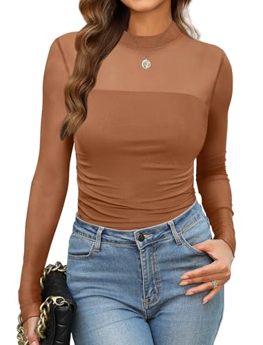 Womens Sexy Mesh Long Sleeve Shirts Fashion Clothing Turtle Necks Sheer Ruched Going Out Tops Fall Outfits Slim Fit Blouses
