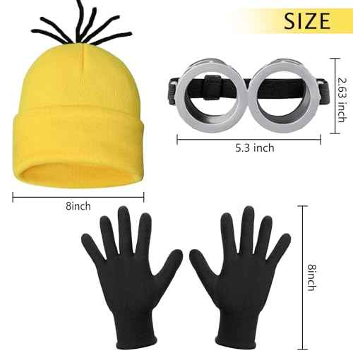 3 Pcs Halloween Costume Accessories Adult, Vintage Goggoles Eyewear Glasses/Yellow Beanie Knit Hat/Black Gloves for Kids Men Women Cosplay Party Set
