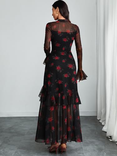 GothDark Womens Floral Maxi Dress Sheer Mesh Bell Sleeve Tiered Ruffle Gothic Romantic Casual Long Dresses