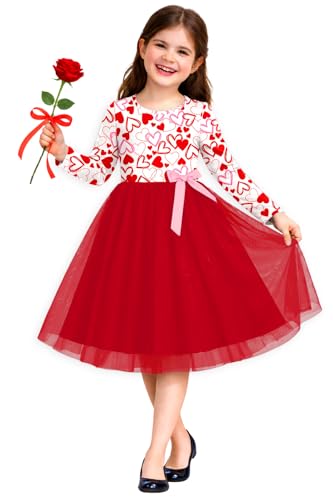 Remimi Girls Valentine's Tutu Dress Long Sleeve Tulle Heart Printed Dresses 3-12 Years
