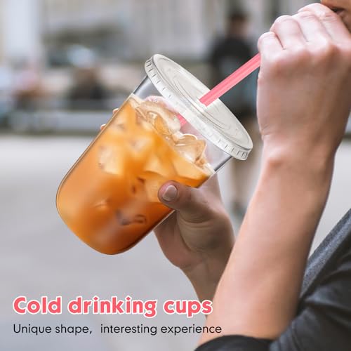 Ziliny 50 Sets Clear Plastic Cups with Heart Shaped Pink Straws and Lids, Disposable Iced Coffee Cups Drinking Pet for Col...