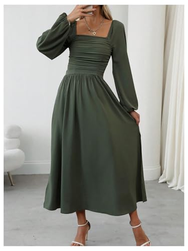 Floerns Women's Square Neck Lantern Long Sleeve Dress Split Ruched Party Midi Dresses