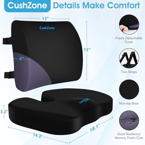 CushZone Seat Cushion, Lumbar Support Pillow with Adjustable Strap-Chair Cushions for Sciatica Pain Relief-with Washable C...