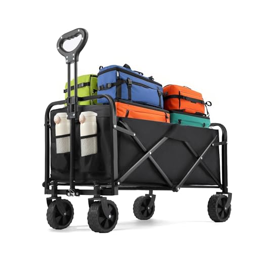 PASAMIC Collapsible Wagon 220 lbs, Heavy Duty Wagon Carts Foldable, Portable Wagons for Groceries, Beach Cart with All-Ter...