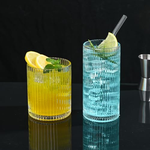 AUFXKOO Set of 8 Vintage Ribbed Glassware,4 Highball Glasses 12 oz,4 Rocks Drinking Glasses 14 oz,Ribbed Cocktail Glass Cu...