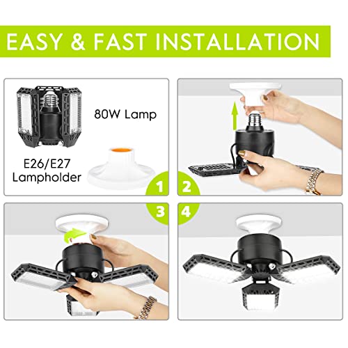 4 Pack Led Garage Lights, 60W Deformable Garage Ceiling Light 8000 lm E26 Basement Lights with 3 Adjustable Led Panels, Fi...