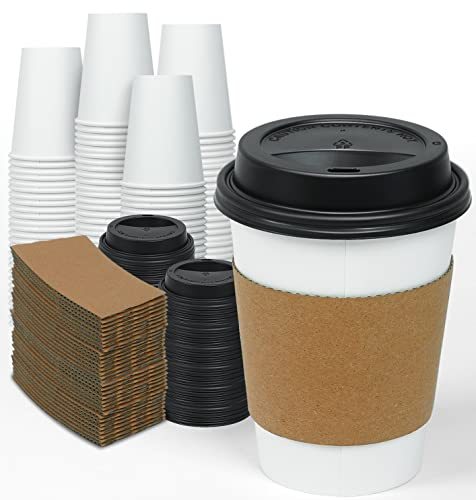 Ginkgo 100 Pack 12 oz Disposable Thickened Paper Coffee Cups with Lids and Sleeves, To Go Hot Coffee Cups, Hot Chocolate, ...