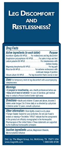 MagniLife Relaxing Legs, Restless Legs, Natural Sleep Aid and Pain Reliever, Calms Jerks, Restlessness, and Discomfort - 125 Quick Dissolve Tablets