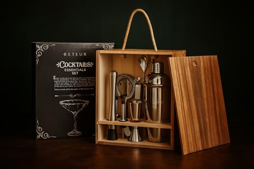 Cocktail Shaker Set RETEUR -10 Piece Bartender Kit with Rustic Wood Box -Bar Tool Set Stainless Steel - Home Cocktail Shak...