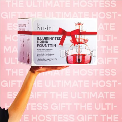 Kusini Drink Fountain for Parties - 1.5 Gal, 3 Tier Punch Bowl Drink Tower, LED Base, 4 Reusable Cups - Drink Dispenser Ma...