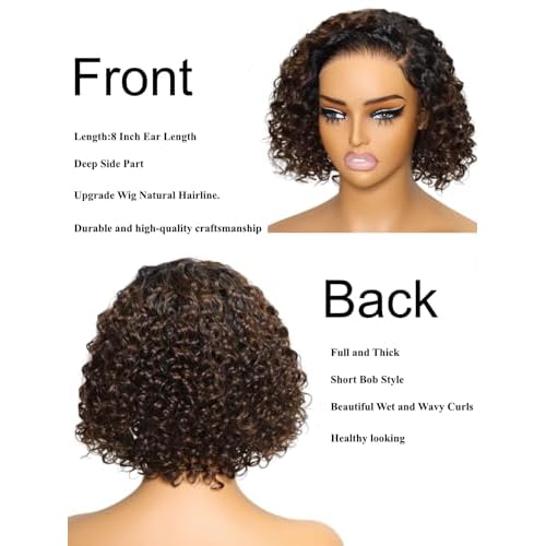 Julia Hair 8 Inch Ombre Brown Short Curly Bob Bye Bye Knots Glueless Wigs Human Hair Pre Cut 7x5 HD Lace Closure Wig Pre Cut Lace Closure Pre-Everything Pre-Plucked Pre Bleached Balayage Brown Wig