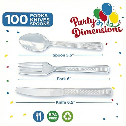 Party Dimensions 300 Count Plastic Cutlery Combo Box, Disposable Clear Plastic Silverware Utensils Set, 100 Forks, 100 spo...