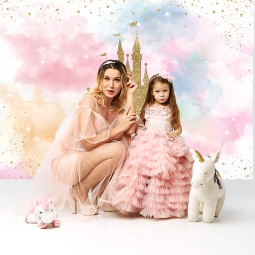 Mocsicka Princess Castle Birthday Backdrop Watercolor Pastel Rainbow Birthday Background Gold Glitter Royal Party Cake Tab...