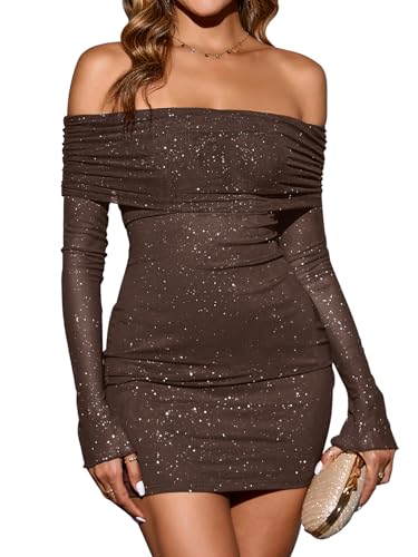 KUTUMAI Women Sexy Long Sleeve Mini Dress Off Shoulder Bodyocn Party Going Out Dresses for Formal Wedding Guest