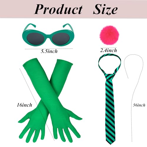 Eybila 4 Pcs Halloween Costume Accessories Stripe Tie Green Sunglasses Long Gloves Pink Pom Pom Balls Pin Cosplay Party
