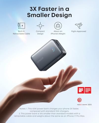 Anker Nano Portable Charger, 10,000mAh 45W Max Compact Power Bank, Travel Essential Phone Battery Pack with 2.3 ft InstaCo...