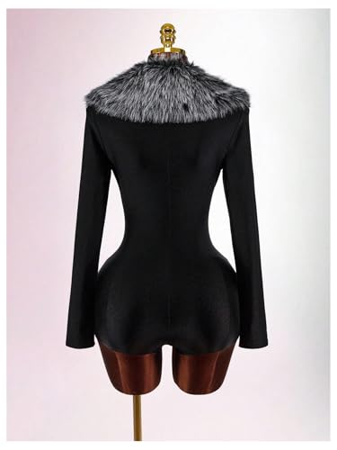 WDIRARA Women's Faux Fur Deep V Neck Long Sleeve Romper Fuzzy Bodycon Shorts Jumpsuit Rave Party