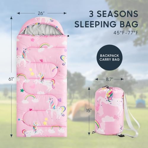 Wake In Cloud - Kids Sleeping Bag for Girls Toddlers, Camping in Warm Cold Weather, Backpacking Lightweight Compact Outdoo...