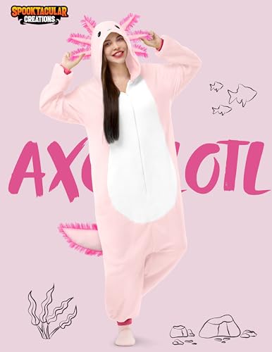 Spooktacular Creations Halloween Axolotl Costume, Kids Axolotl Costume, Zip-Up Hooded Jumpsuit for Halloween Cosplay Party