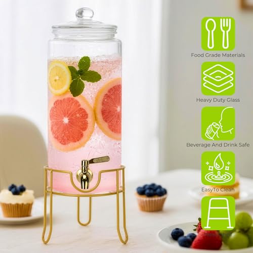 Glass Drink Dispensers For Parties, 1.5 Gallon Beverage Dispenser With Glass Airtight Lids, Gold Metal Stand And Stainless...
