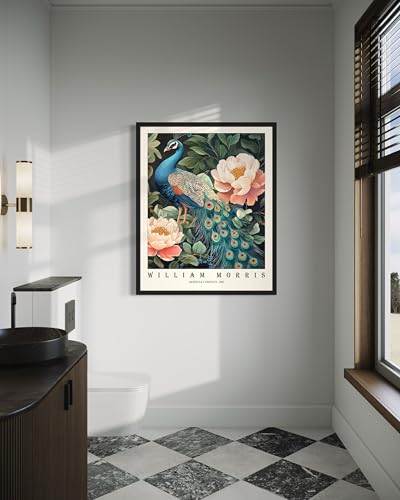 Peacock Art Print Poster, William Morris Style Retro Floral Mid Century Botanical Victorian Dark Academia Flower Decor Gallery 148 (Peacock, 18 x 24 inches, Unframed)