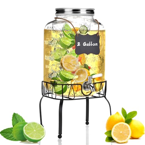 2 Gallon Glass Drink Dispenser with Stand, Drink Dispensers for Parties, Beverage Dispenser with Leakproof Stainless Steel...