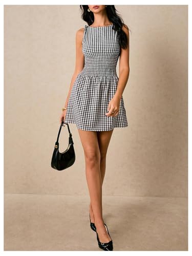 Floerns Women's Tie Shoulder A Line Gingham Dress Boat Neck Mini Checkered Elegant Dresses