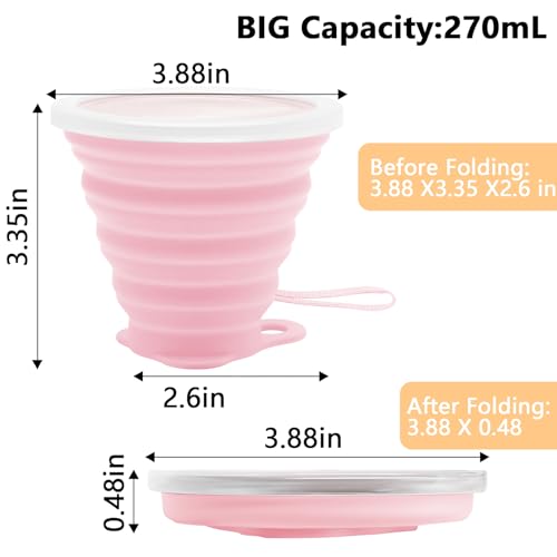 Litoexpe 2 Pack Silicone Collapsible Travel Cup Portable Folding Camping Cup Sets with Lids, Pink & Purple, Capacity 9.22o...