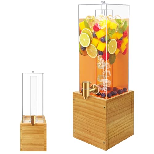 Beverage Dispenser with Stand, 2 Gallon Drink Dispenser, Acrylic Beverage Dispenser with Wood Stand, Drink Dispensers for ...