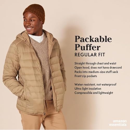 Amazon Essentials Men's Lightweight Water-Resistant Packable Hooded Puffer Jacket